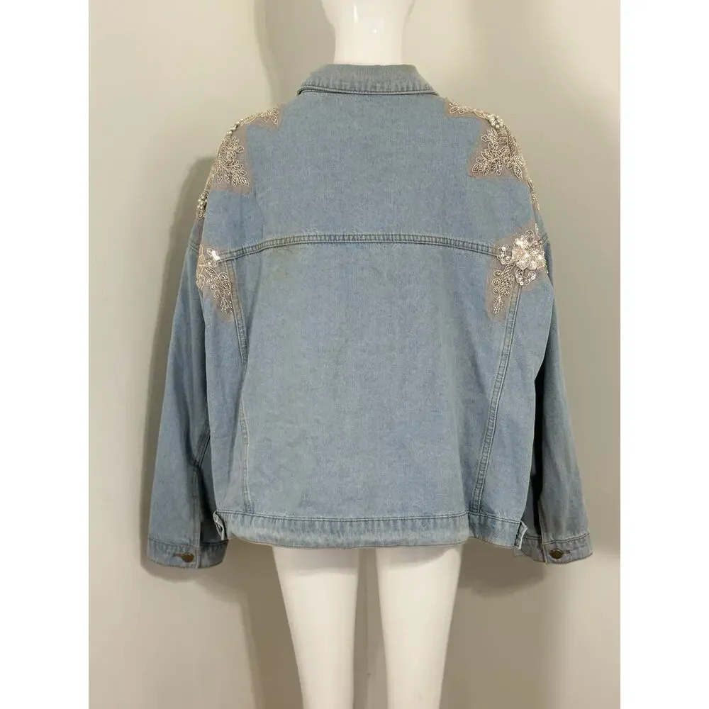 Arula Women’s Denim Jacket Plus Size 3X Light Wash Pearl Sequin Lace Embellished - Picture 4 of 15